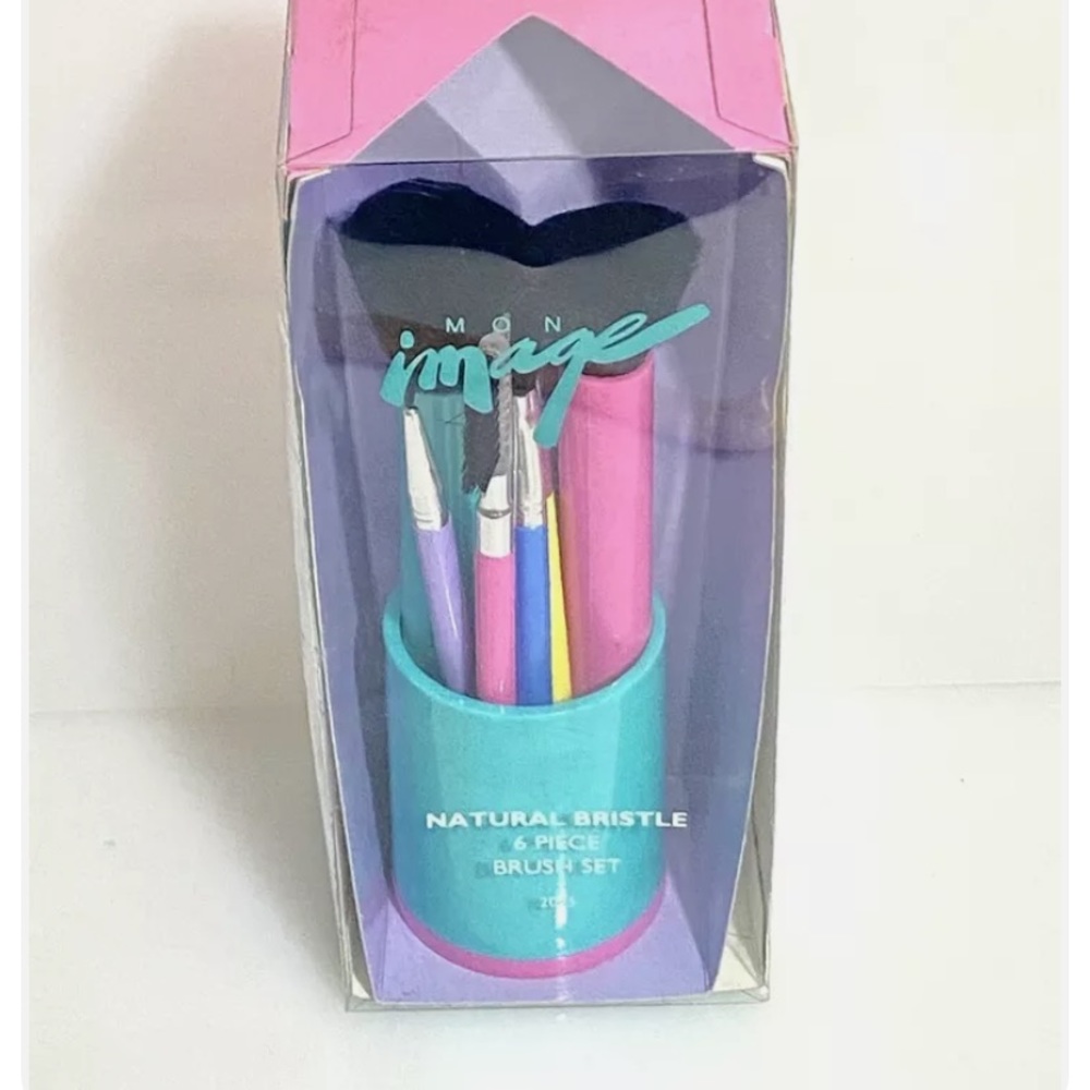 New Vintage Retro Mon Image 6 Pc. Make Up Makeup Brush Set Multi Color w Caddy @